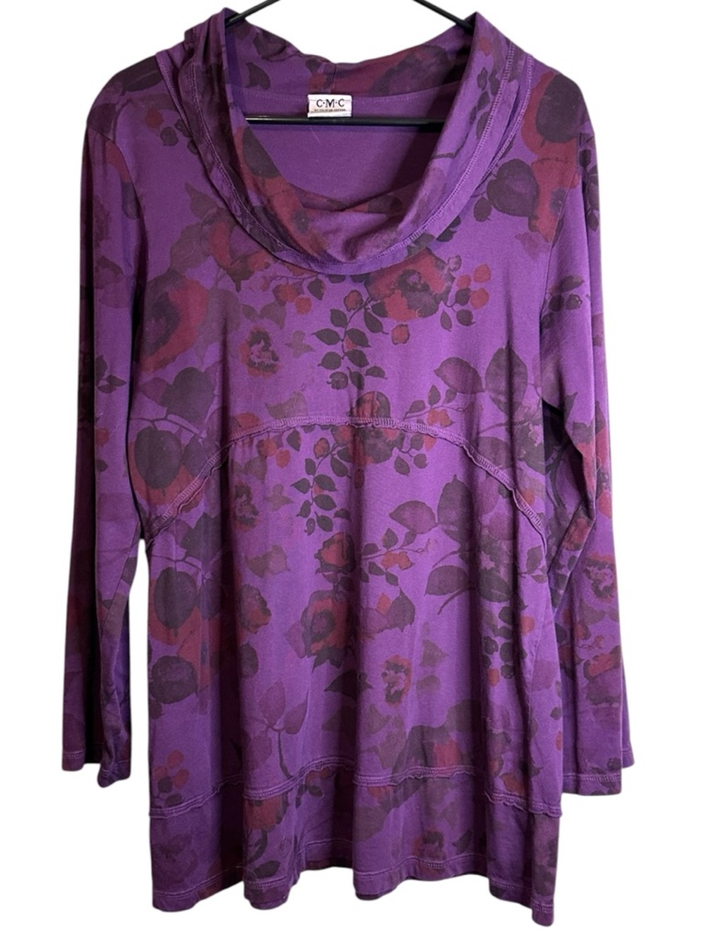 CMC Color Me Cotton Purple Floral Cowl Neck Tunic Boho Artsy Folk USA Made Large